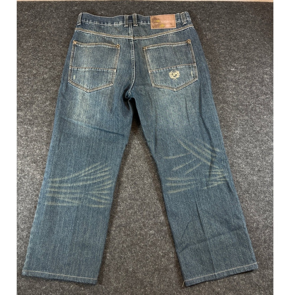 VTG Phat Farm Phat Wide Keg Jeans Mens 36x32 Blue Baggy Embroidered Y2K Denim